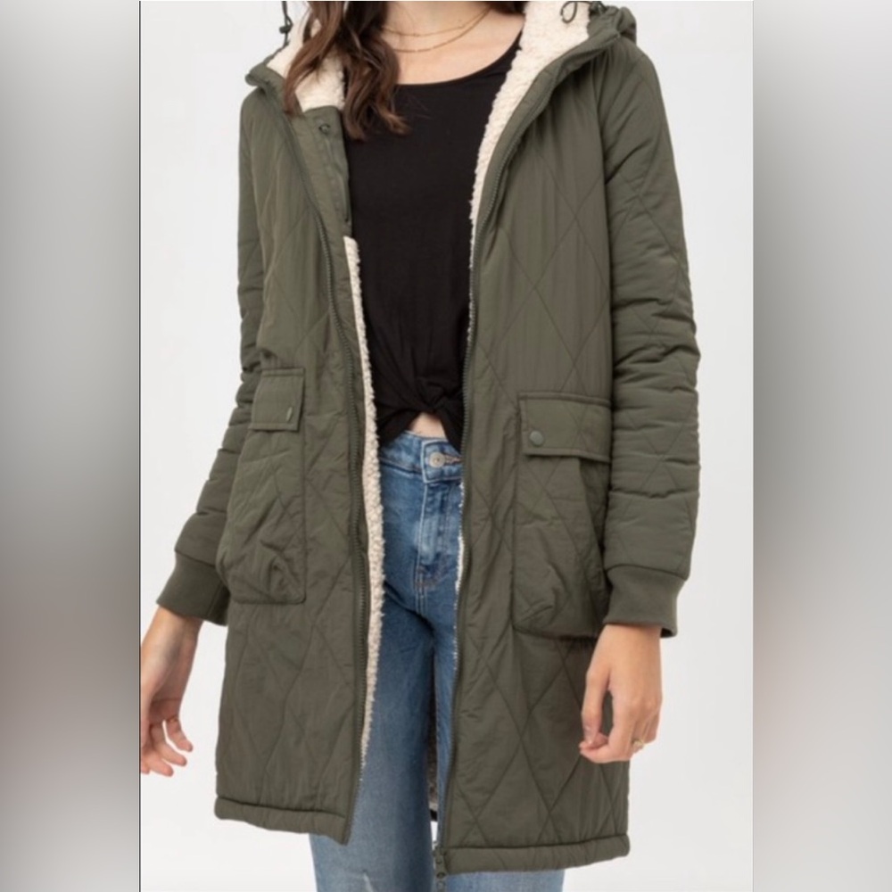 Love Tree Size S Quilted Faux Fur Plush Sherpa Lined Coat Jacket Olive Green